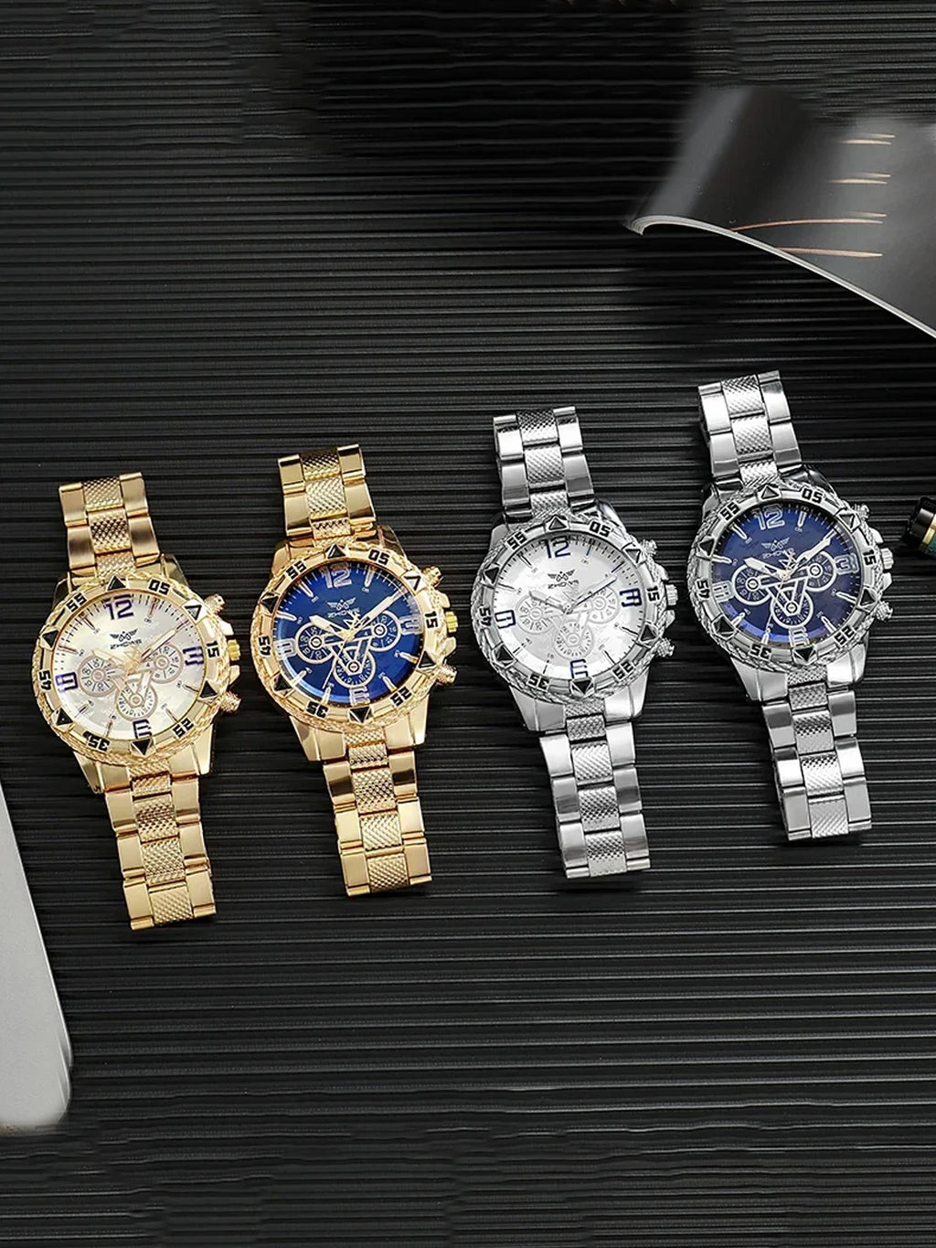 Large dial gold watch, blue light men's watch, men's watch, steel strap quartz watch Qme