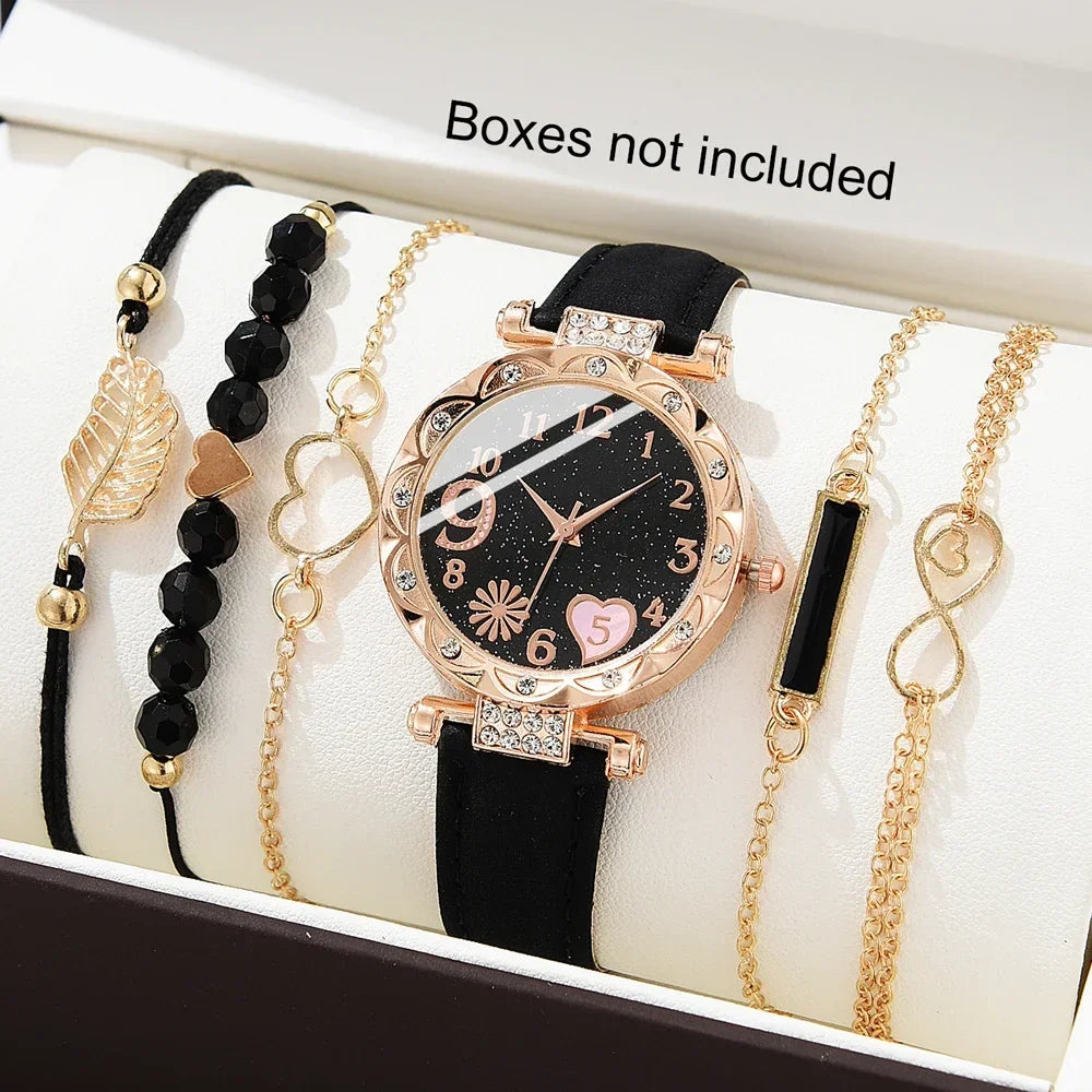 Conjunto de relógio de pulso analógico de couro feminino, pulseira de quartzo feminino, moda feminina, 6pcs Qme Boxes not included 3