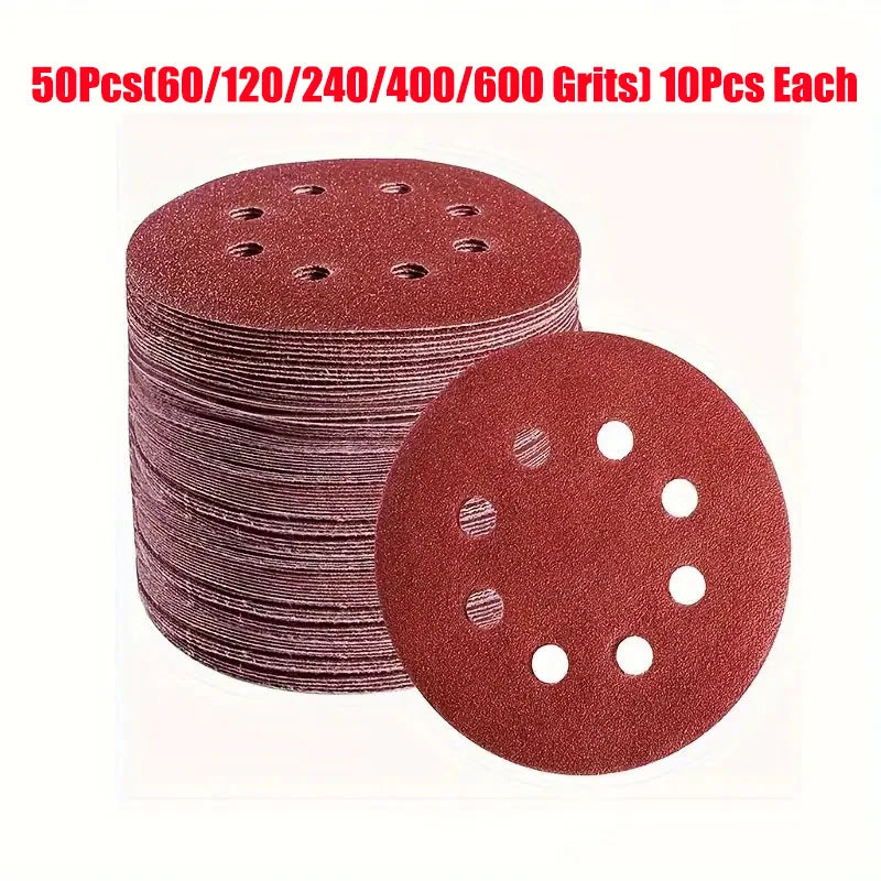 50 Uds. Papel de lija redondo de 5 pulgadas y 125mm disco de ocho agujeros hojas de arena grano 60-1000 disco de lijado de ganch Qme 50pcs Set 1