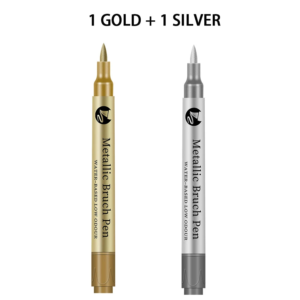 2-6Pcs/set Gold/Silver Metallic Marker Pen Waterproof Permanent Paint Marker Pen And Ink for Rock,Ceramic,Glass DIY Painting Qme 1gold - 1silver