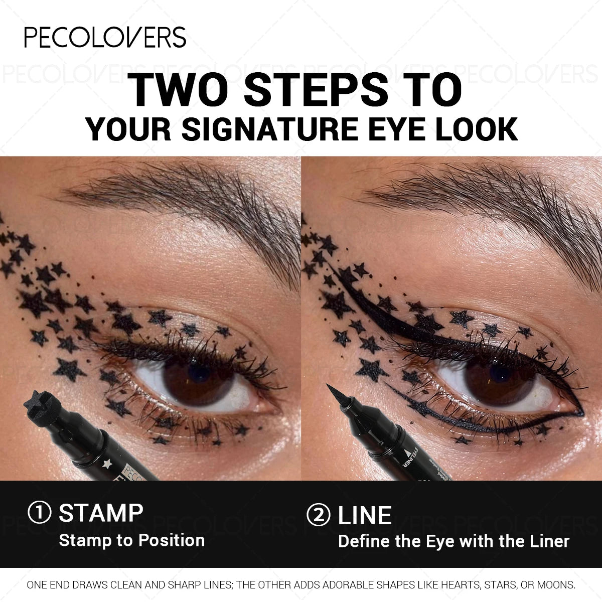Dual-ended 2-in-1 Eyeliner Stamp, Smooth Black Liquid Eyeliner Pen, Cat Eye Smiley Moon Heart Stamp One-Swipe, Whimsical Makeup Qme