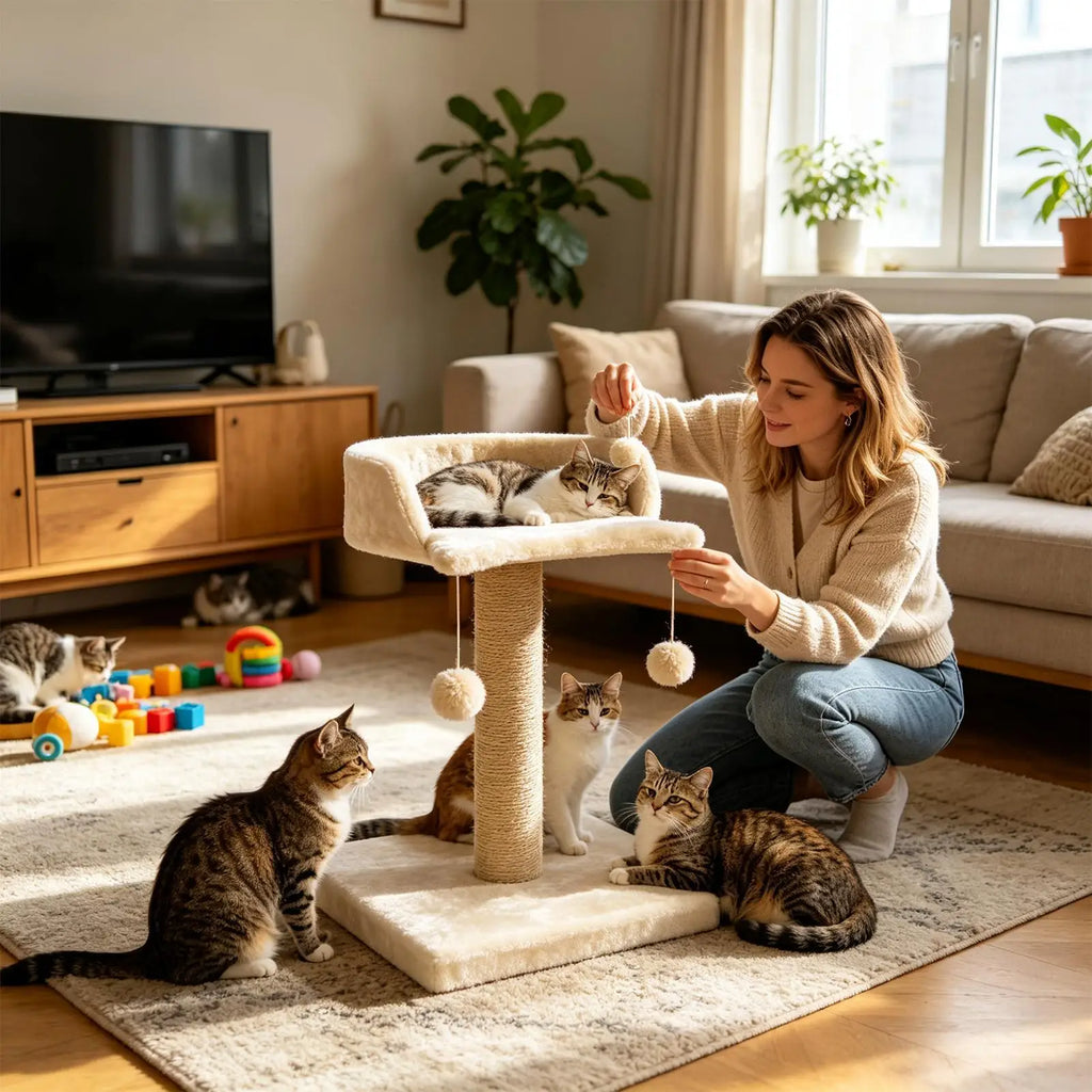 Cat Scratching Post Tall Interactive Self Groomer Toys Plush Ball Qme