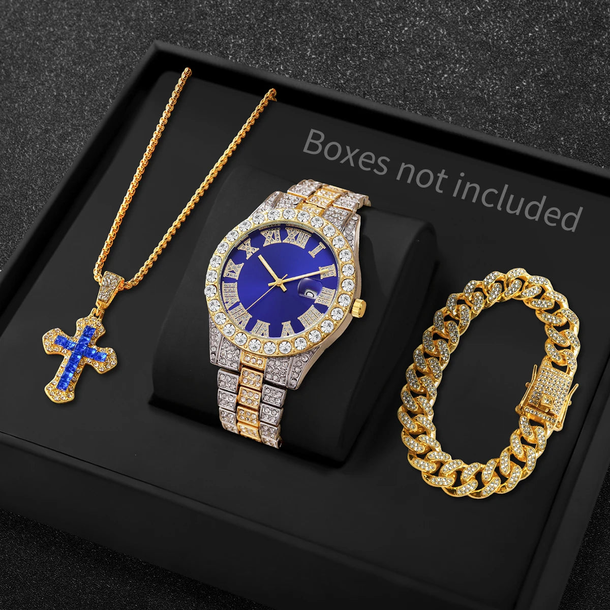 3Pcs/Set Men's Silver Iced Out Jewelry Set, Blue Dial Quartz Watch + Cuban Bracelet + Blue Cross Pendant Necklace, Qme Mix Blue No Box