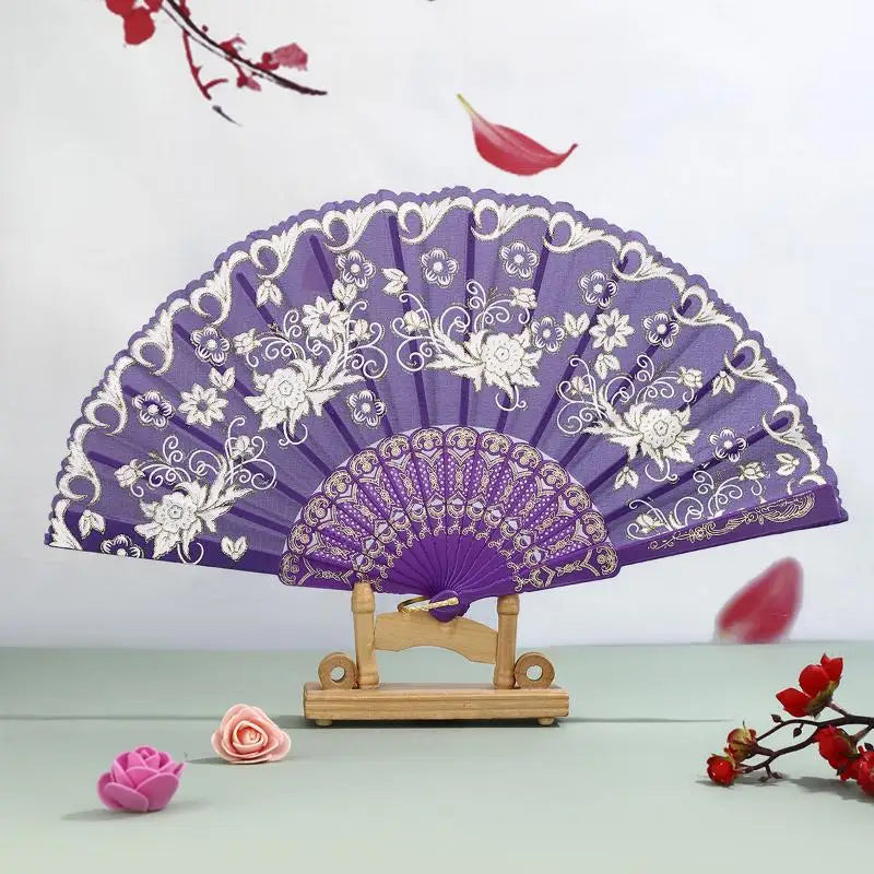 Gold Powder Plastic Fan Art Craft Home Decor Vintage Folding Chinese Qme