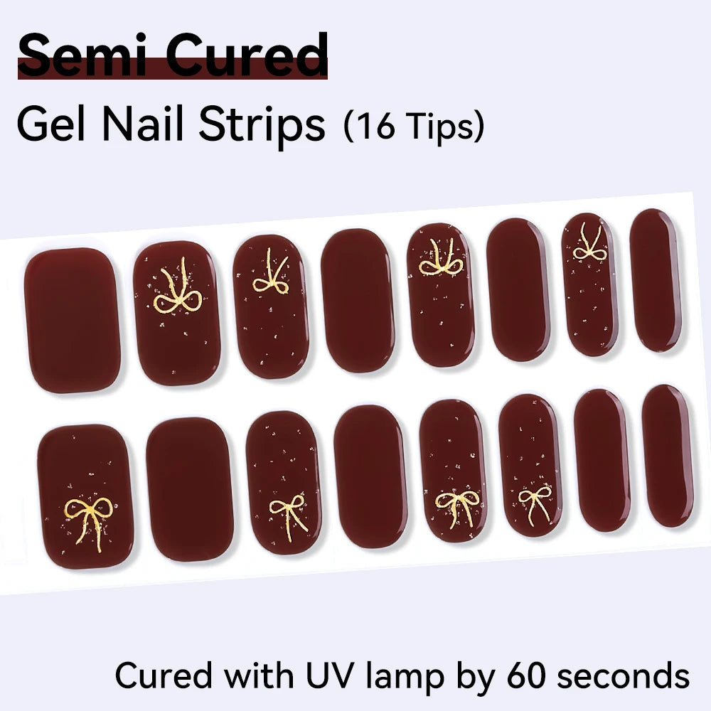16Tips Semi-cured Gel Nail Sticker Colorful French Glitter UV LED Qme NF240206