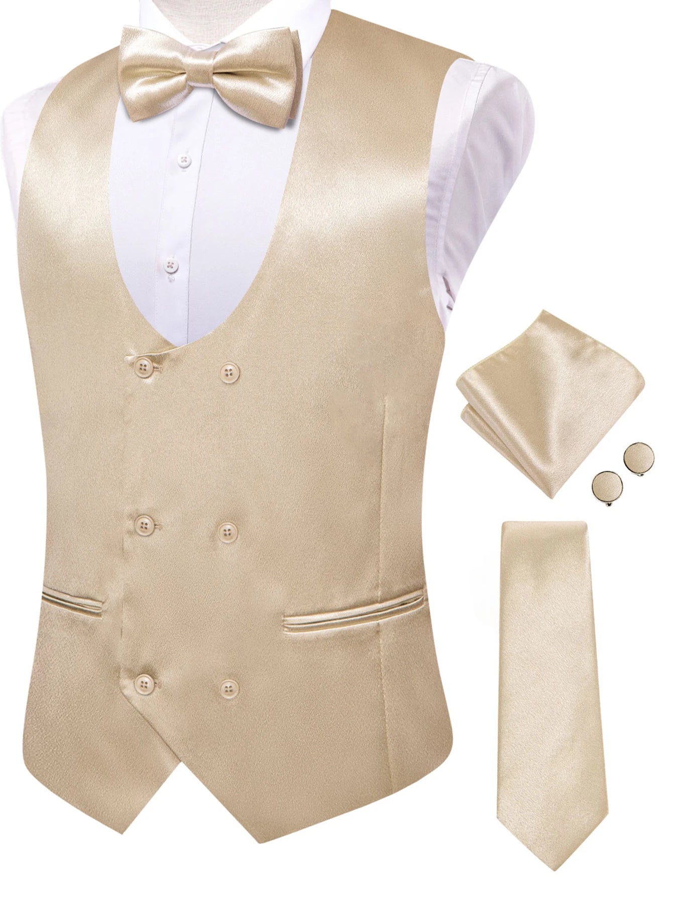 Men's Satin U Collar Vest Tie Hanky Cufflinks Bowtie Formal Waistcoat Qme MJTZ3251 S