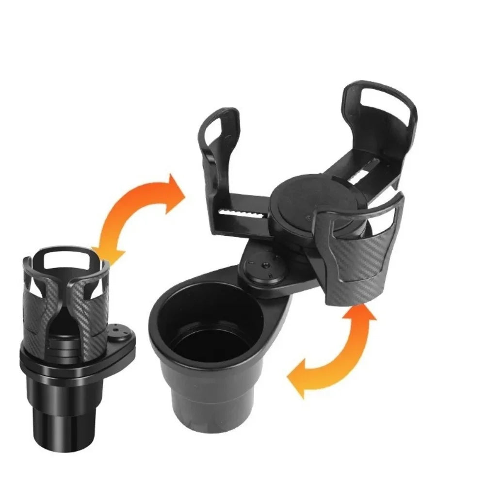 Universal Car Beverage Cup Holder Retractable 360Degree Rotating Bracket Dual Cup & Phone Holder Auto Interior Storage Organizer Qme black