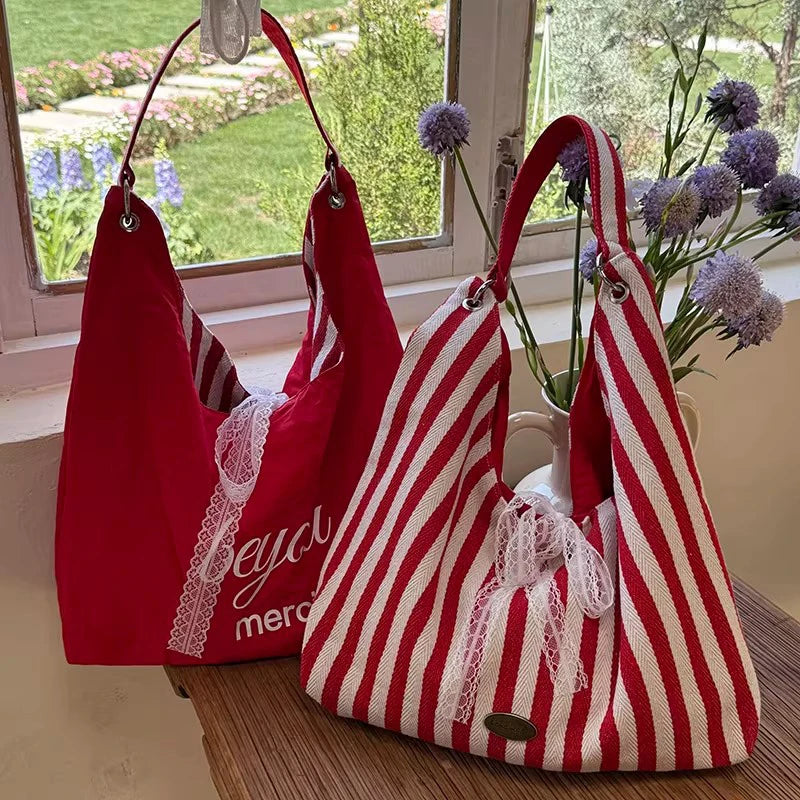 Stripe Hobo Bag Women Lace Bow Decor Canvas Tote Reversible Shoulder Qme Red one size