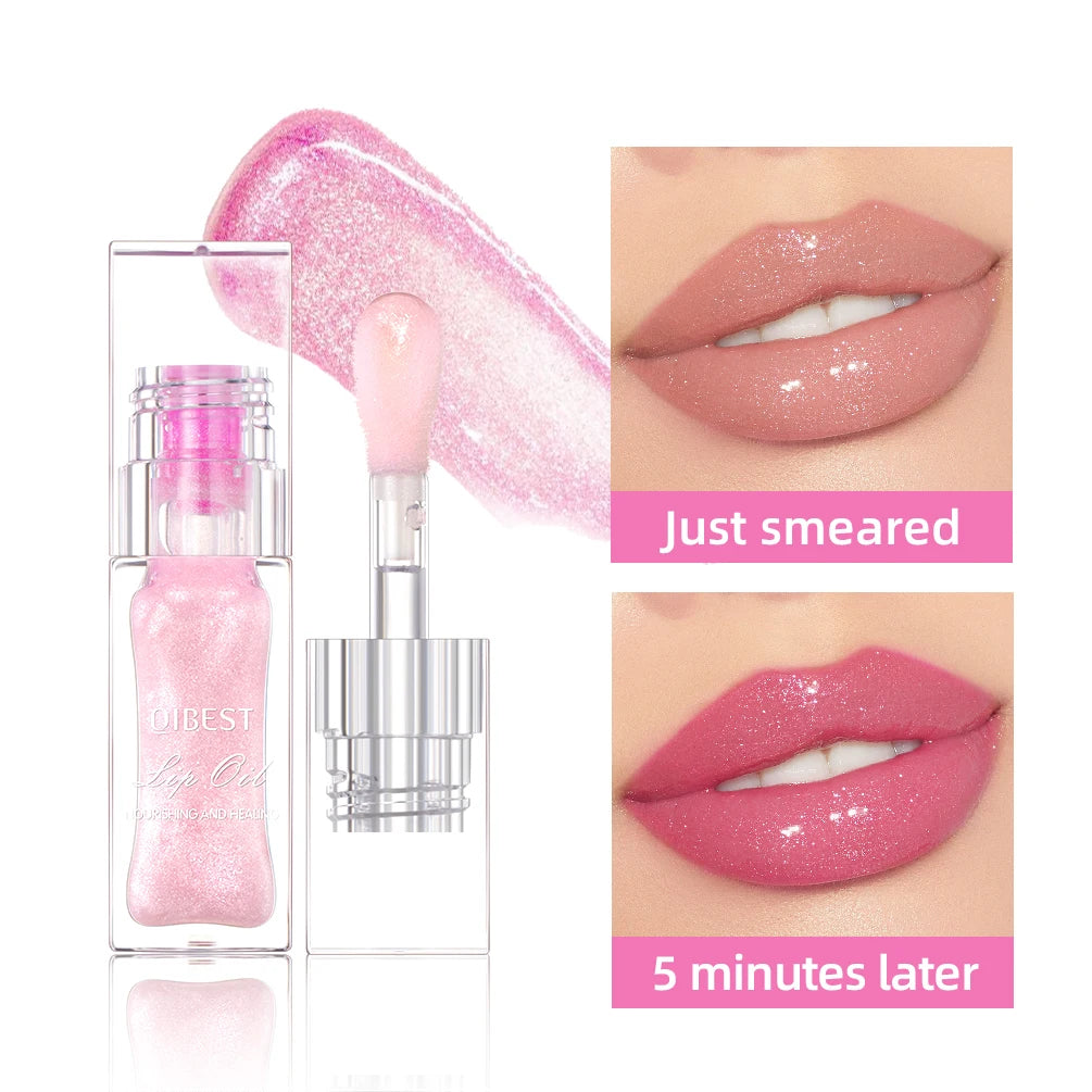QIBEST 1pc Temperature Color Change Lip Oil Lipgloss Moisturizing Lasting Pink Clear Lip Glaze Pearlescent Lipgloss Makeup New Qme 00