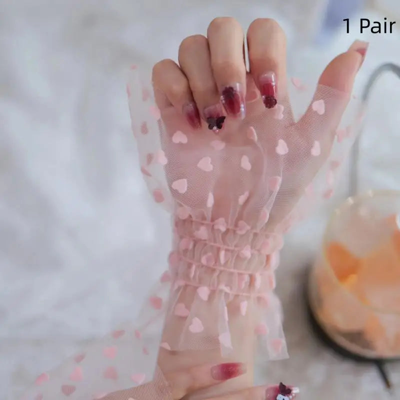 1 Pair Fashion Accessory Nail Art Heart Tulle Photo Glove Fake Qme Pink