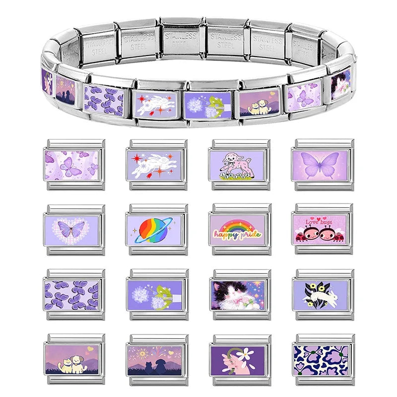 Sweet Purple Series Cats Dog Puppy Flower Heart Charm Italian Links Fit 9mm Bracelet Stainless Steel Women Men Making DIYJewelry Qme