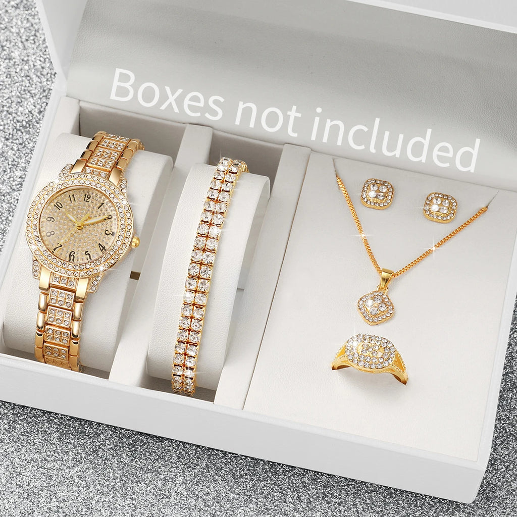 6peçmodacheia de diamantes relógio feminino pulseira de aço dourado relógios de quartzo analógicos conjunto de joias (sem caixa) Qme Gold