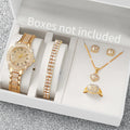 6peçmodacheia de diamantes relógio feminino pulseira de aço dourado relógios de quartzo analógicos conjunto de joias (sem caixa) Qme Gold