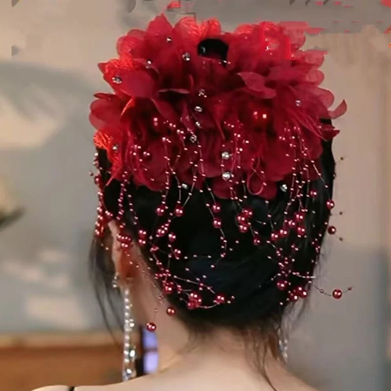 New Women's Luxury Mesh Flower Pearl Tassel Hair Clips Spring Festival Decoration Women's Fluffy Shark Hair Accessories. Qme