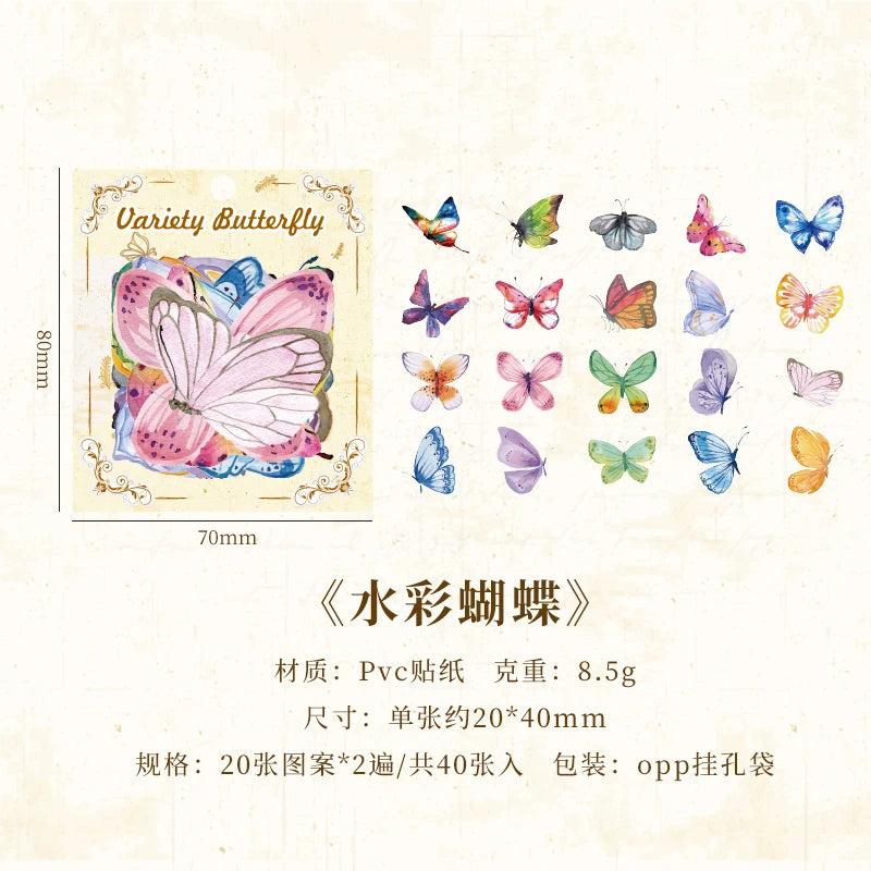40pcs Variety Butterfly Decorative Waterproof Stickers Cute Aesthetics Sticker DIY Scrapbooking Aesth Decor Sticker Stationery Qme H
