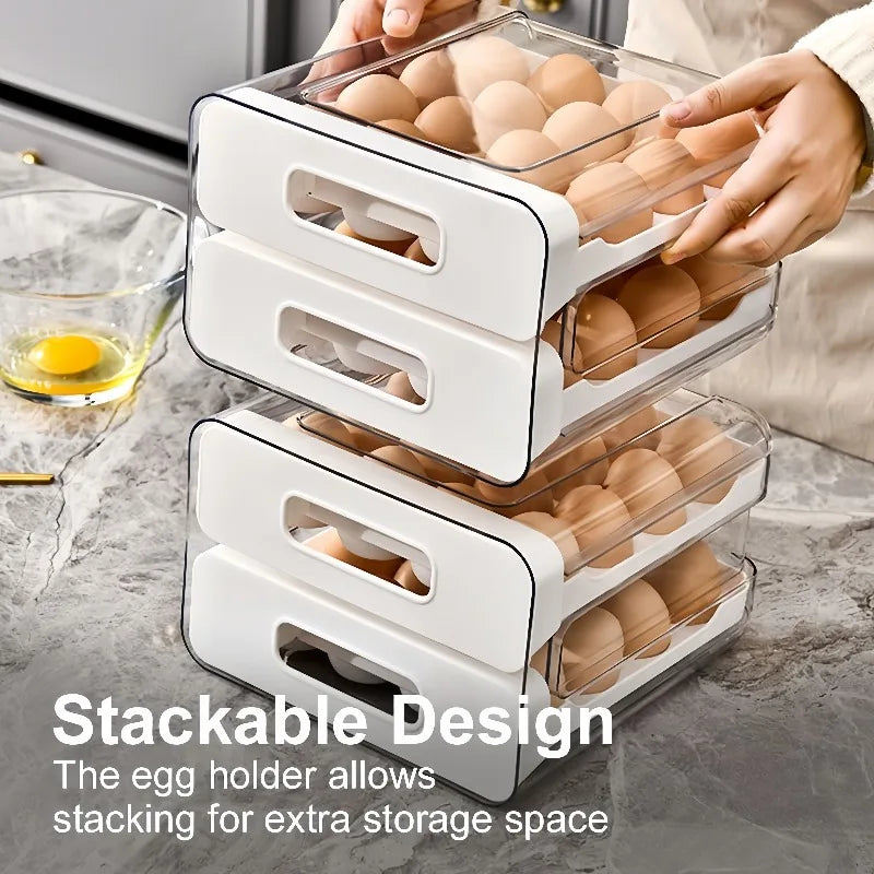 Double-layer Capacity Pull-out Drawer Refrigerator Egg Storage Box Egg Storage Fresh-keeping Box 32 Grid Egg Box Qme