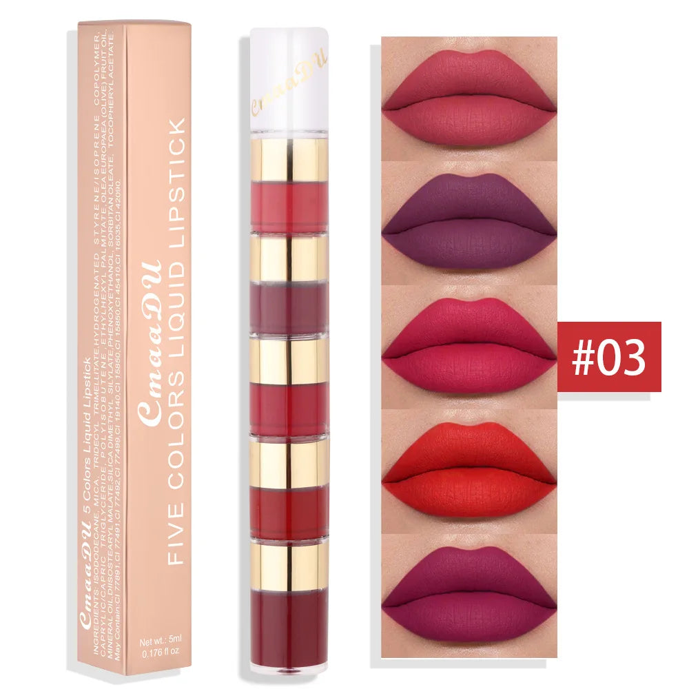 5 In 1 Matte Lipstick Kit Combo Strip Velvet Sexy Red Lip Tint Non-stick Cup Lip Gloss Lip Oil Makeup Lips Cosmetic Set Qme 03