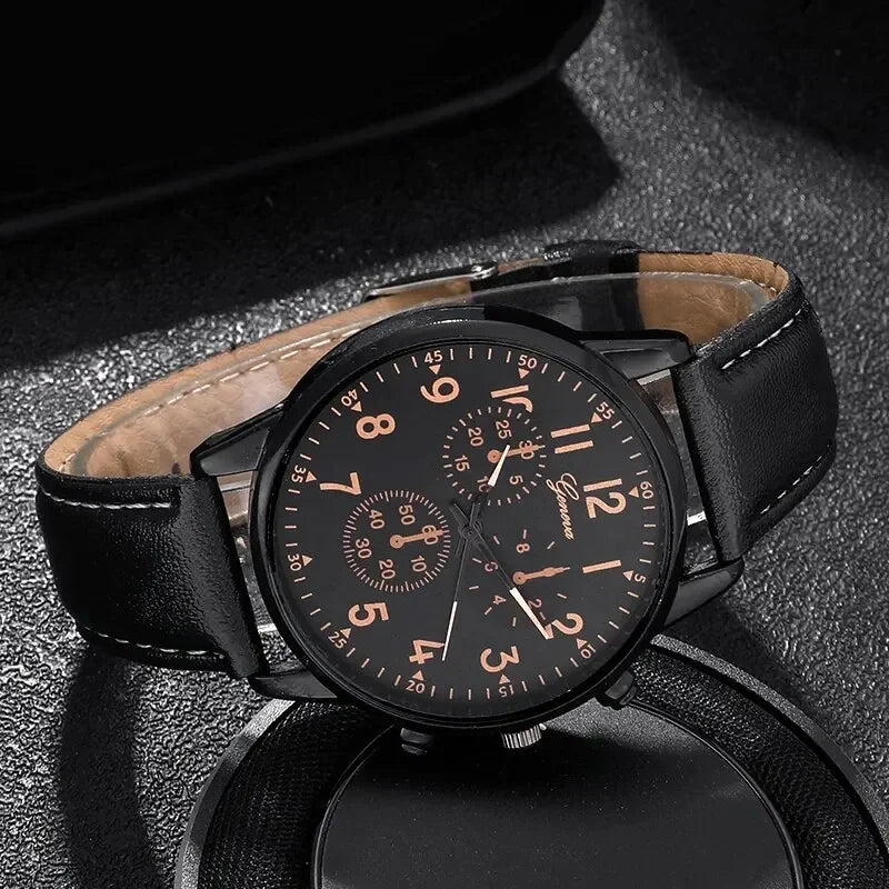 2026 Men's quartz casual three eye PU leather watch fashionable and versatile quartz business watch set Qme