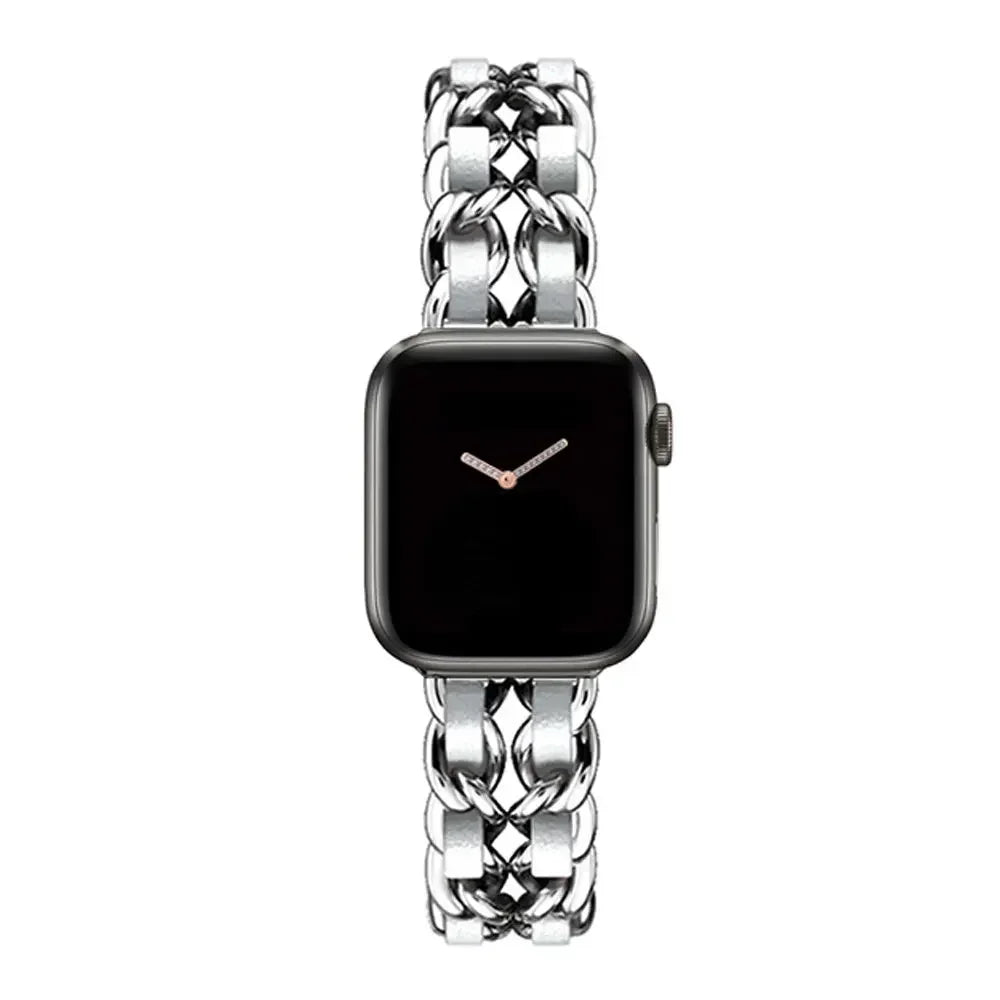 Luxury Metal Denim Strap For Apple Watch Band Ultra 2 1 49mm 41 45mm 38 42mm 44 40mm Bracelet For iWatch 9 8 7 SE 6 5 4 3 Women Qme Silver White 42mm 44mm 45mm 49mm