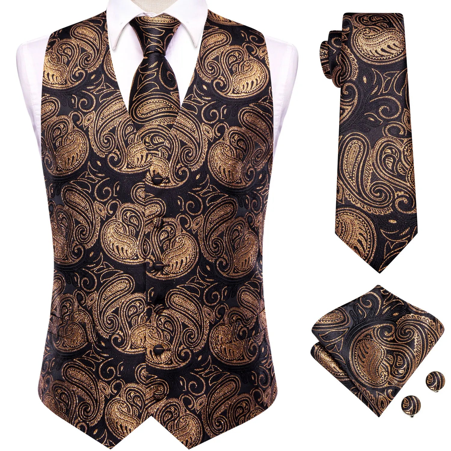 Men's Black Golden Brown Mint Wine Floral Vest & Tie Hanky Cufflinks Set – Formal Waistcoat for Weddings Events Party Gift Qme MJTZ3536 XXXL