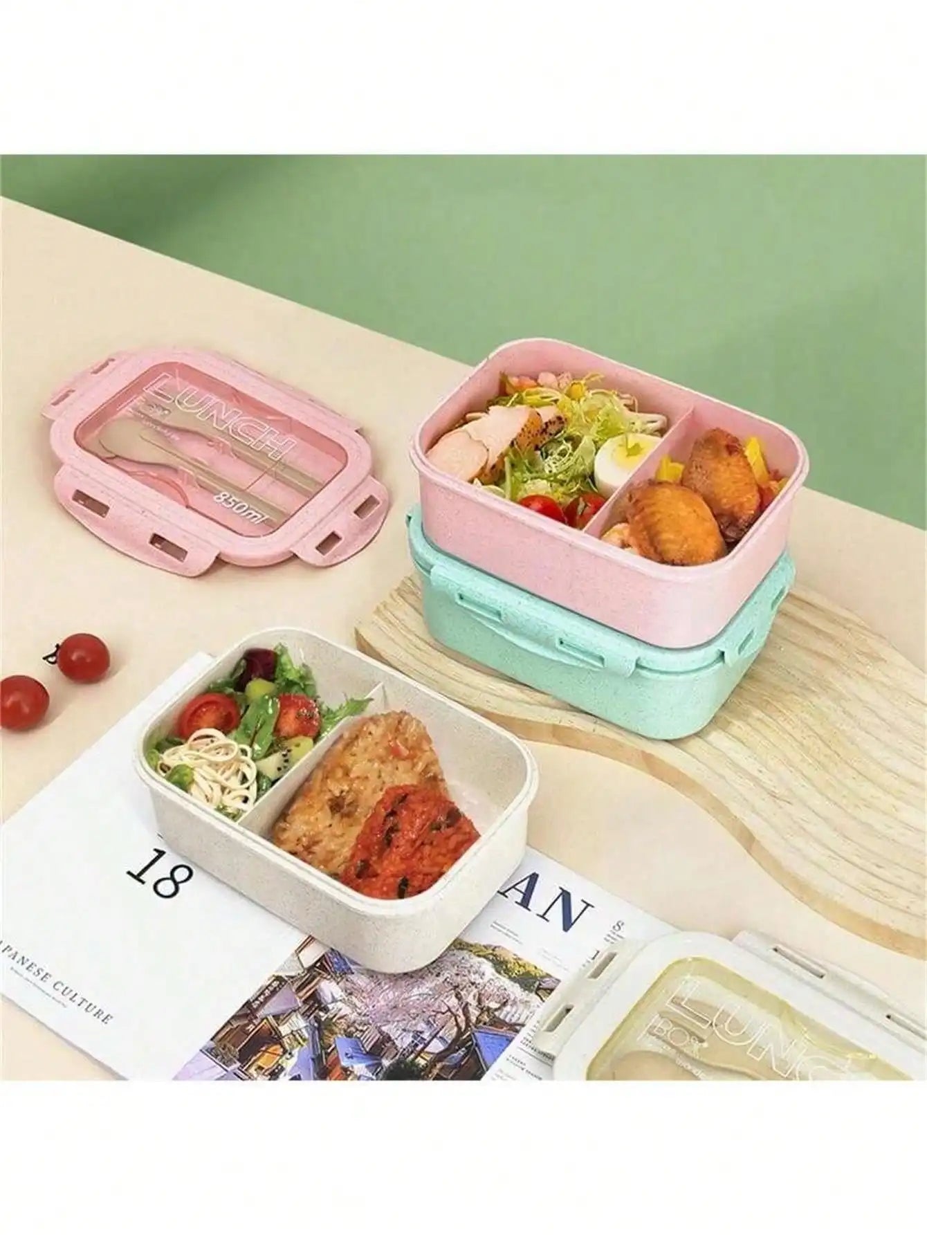 Lunch Box Two Compartments Built-in Cutlery Reusable Microwave Heated Qme