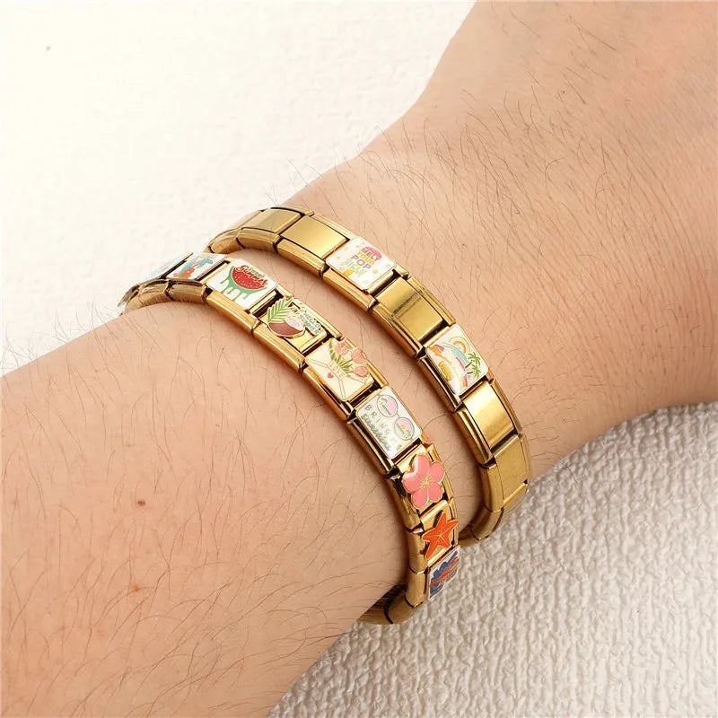 Gold Color Red Love Heart Bear Coconut Tree Pink Flowers Italian Charm Links Stainless Steel Fit 9mm Bracelet Making DIY Jewelry Qme