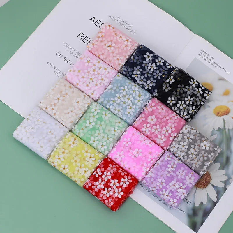 6cm 5Yards Floret Tulle Daisy Ribbon Roll DIY Craft Ribbons for Gift Bow Packaging Cherry Blossoms Printed Mesh Fabric Supplies Qme