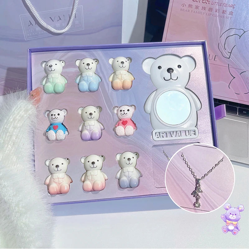 ART VALUE Cute Bear Makeup Set Include 6*Matte Liquid Lipstick,2*Bear Ornaments,1*Lip Balm,1 Mirror,1*Necklace Gift Cosmetic Kit Qme Makeup Sets