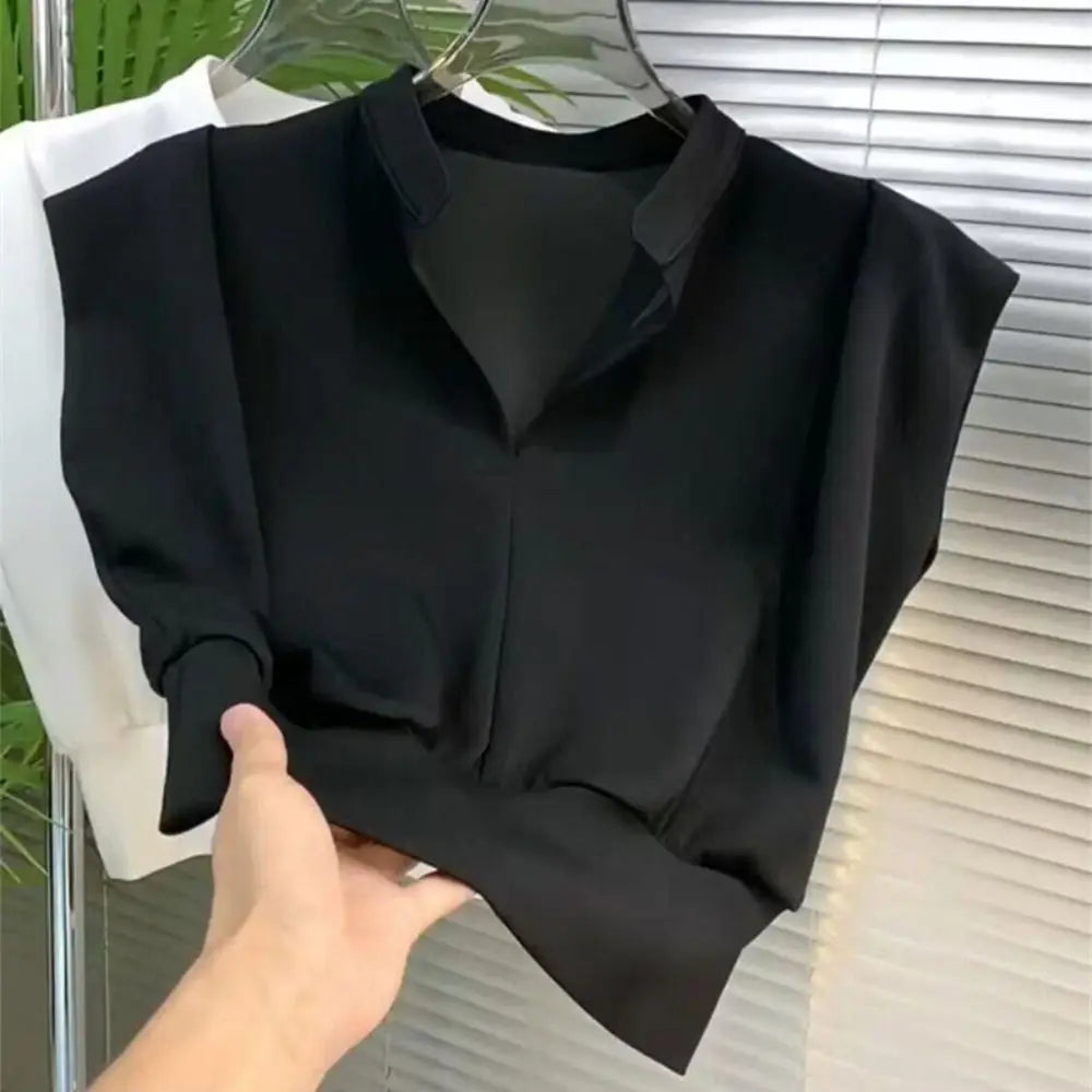 V-neck Flip Collar T-shirt Y2K Slim Fit Sleeveless Crop Wide Shoulder Qme
