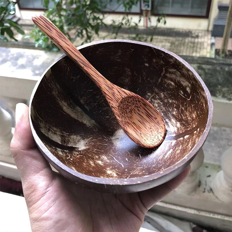 1Pc Natural Coconut Bowl Wooden Handmade Coconut Bowls for Eating Tableware Fork Spoon for Dessert Fruit Salad Mixing Rice. Qme