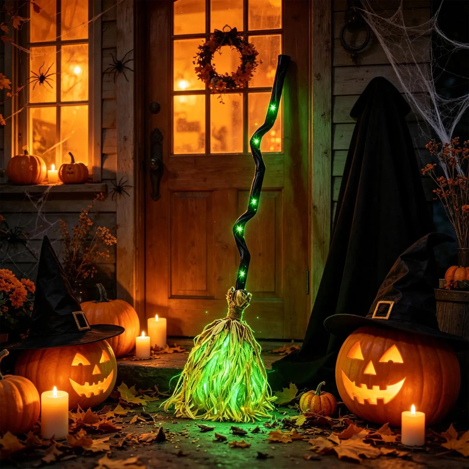 Halloween Broom Decoration Realistic Horror Laughter Sound Lighted Qme