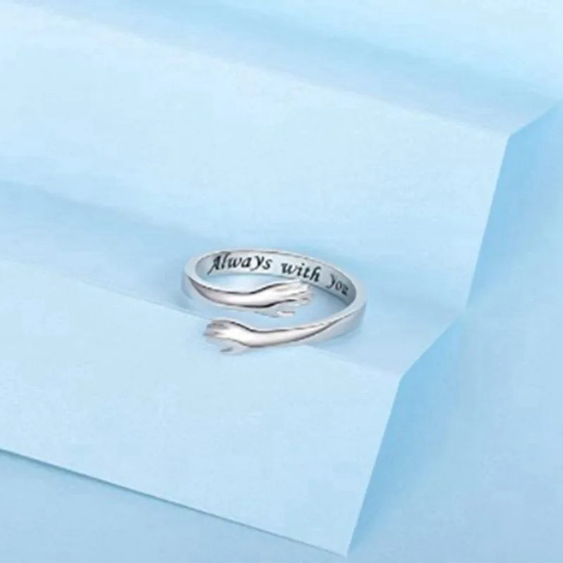Lettering silver Color Warmly Embraced Love Hug Open Ring For Women Cute Creative Hands Embracing Adjustable Rings Jewelry Qme