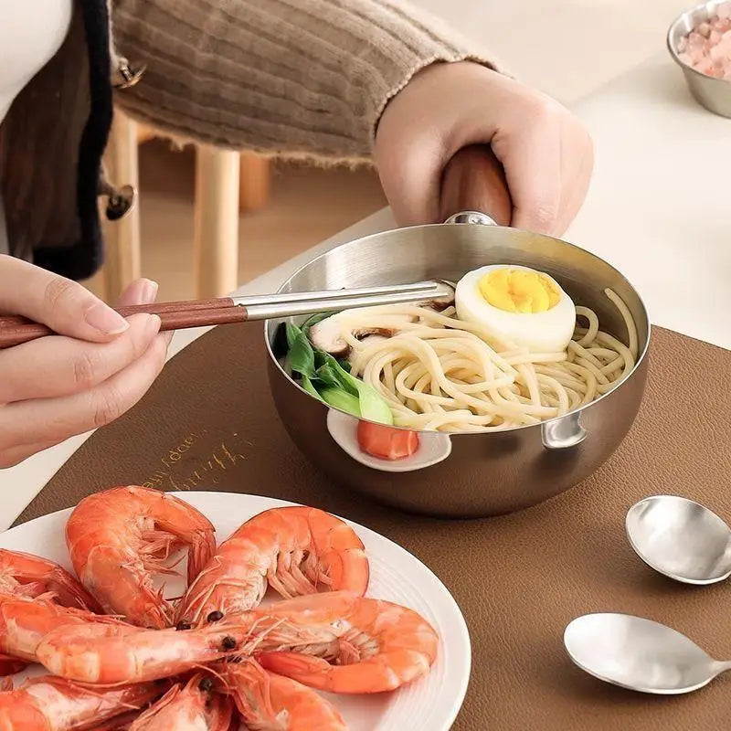 Single-person Stainless Steel Pot Bowl Walnut Wood Handle Fruit Salad Qme