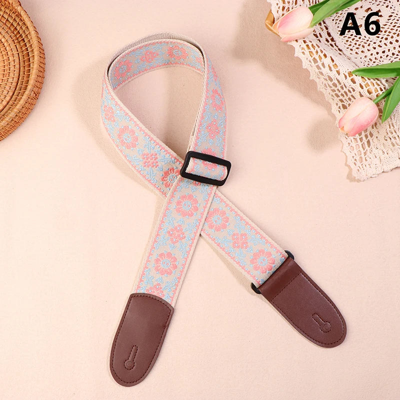 Guitar Strap Bass Cotton Leather Embroidery Straps Adjustable Neck Qme A6
