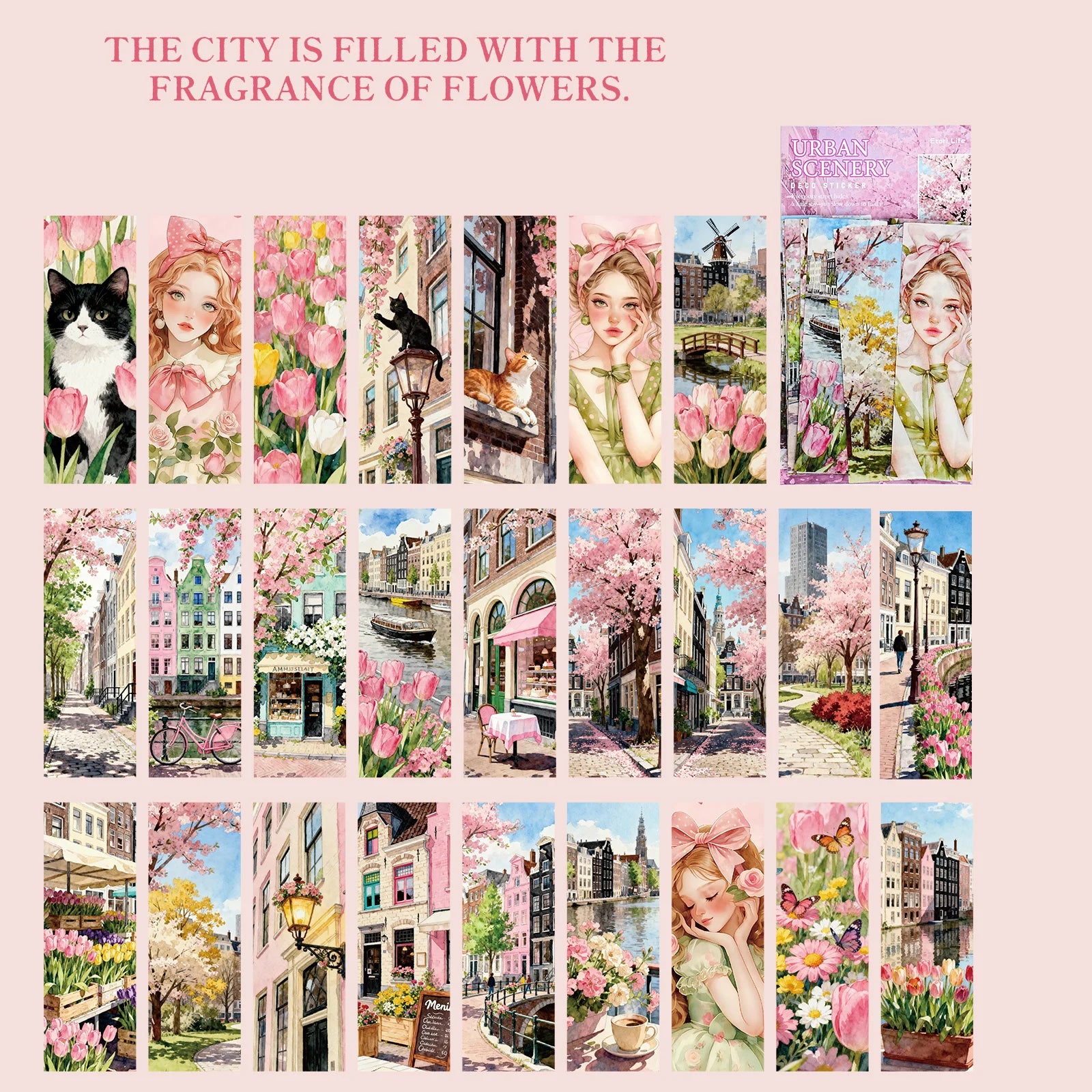 25Sheets/Bag Urban Landscape Figure Theme PET Stickers for DIY Craft Scrapbook Laptop Guitar Phone Case Water Bottle Decoration Qme 2