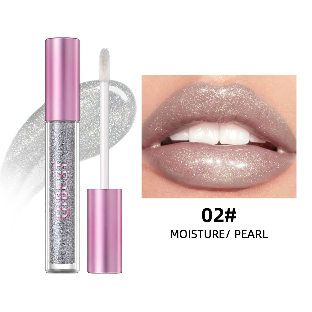 QIBEST Glitter Pearlescent Lipgloss Moisturizing Lasting Non-Stick Cup Shimmer Shiny Liquid Lipsticks Black Purple Lip Tint Qme 02 Pearl