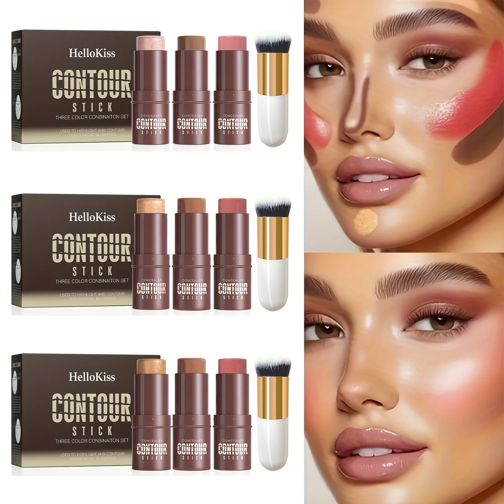 4pcs Contour Stick, Highlighter Stick, Blush Stick 4pcs Cream Contour Kit with Contour Brush, Create Face Contour, Non-greasy Qme