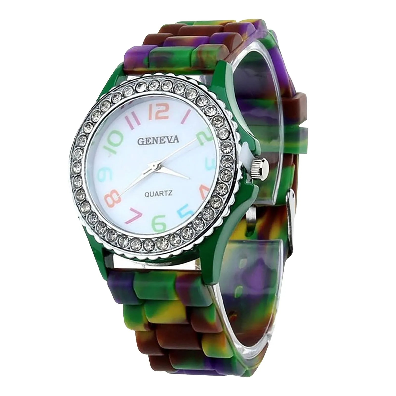 Girls’ Silicone Camouflage Watch Crystal Bling Quartz Wrist Watch Fashion And Cool Casual PU Strap Round Dial With Diamond Watch Qme M