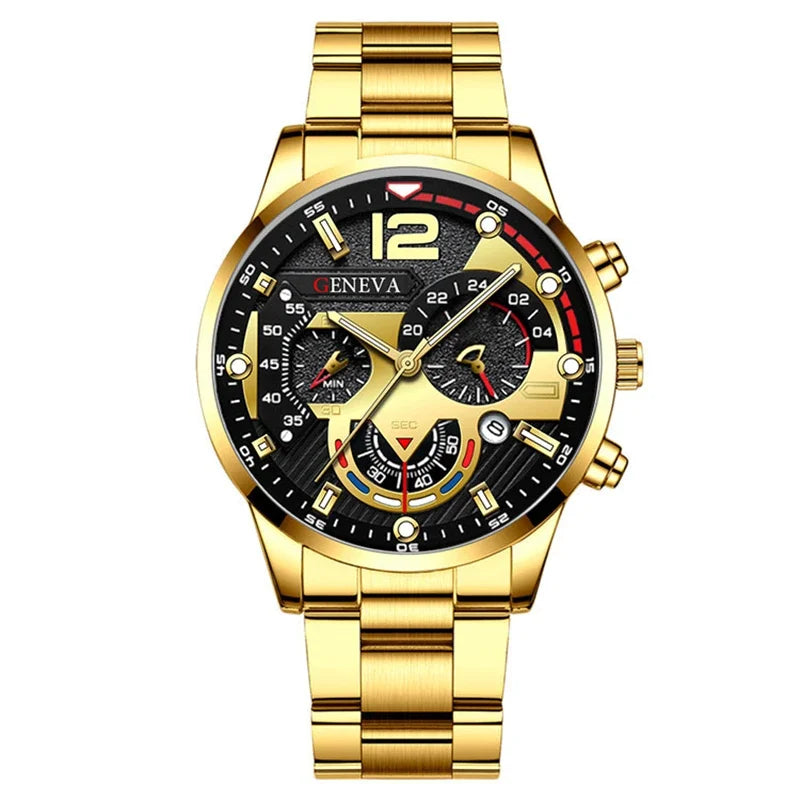 GENEVA Men's Creative Six-Pin Watch Alloy Steel Band Quartz Watch Men Watch New Luxury Men's Quartz WristWatch Qme 4-Gold-Black
