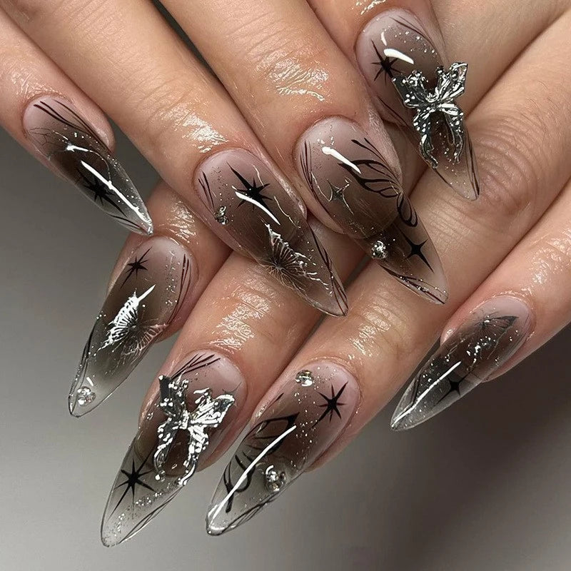 French False Nails Leopard Almond Fake Nail Tips Rhinestones Design Qme GZ-10-85