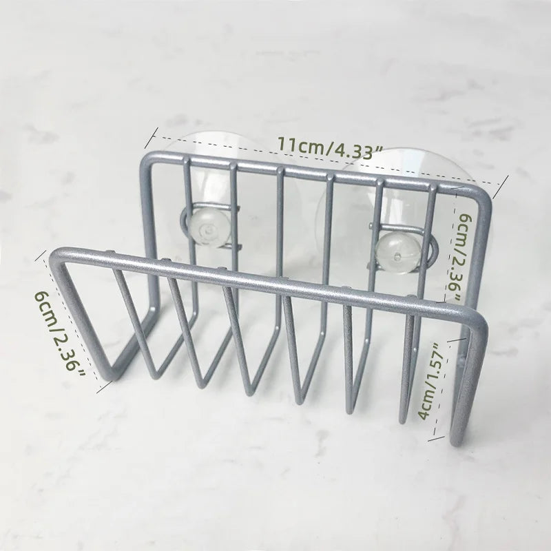 No-Drill Iron Sponge Holder Rack - Over Sink Draining Shelf, Wall-Mounted Kitchen Organizer for Dish Scrubber & Soap Dispenser Qme Silver