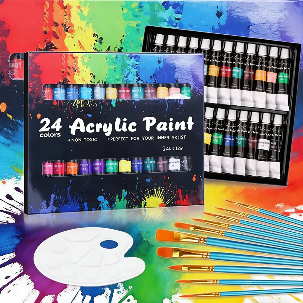Acrylic Paints Set 24 Colors Professional Brush Set 12ml Tubes Artist Drawing Painting Pigment Hand Painted Wall Paint DIY Qme