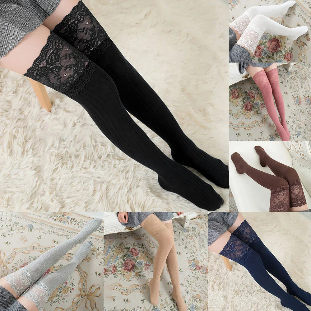 Sexy Women Floral Lace Patchwork Over Knee Thigh High Elastic Stockings Fashion Dress Up Accessories Qme
