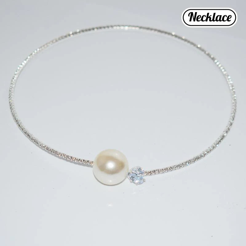 Full Diamond And Large And Small Pearl Open Collar For Women Japanese And Korean Personality Neck Strap Clavicle Chain Qme A6