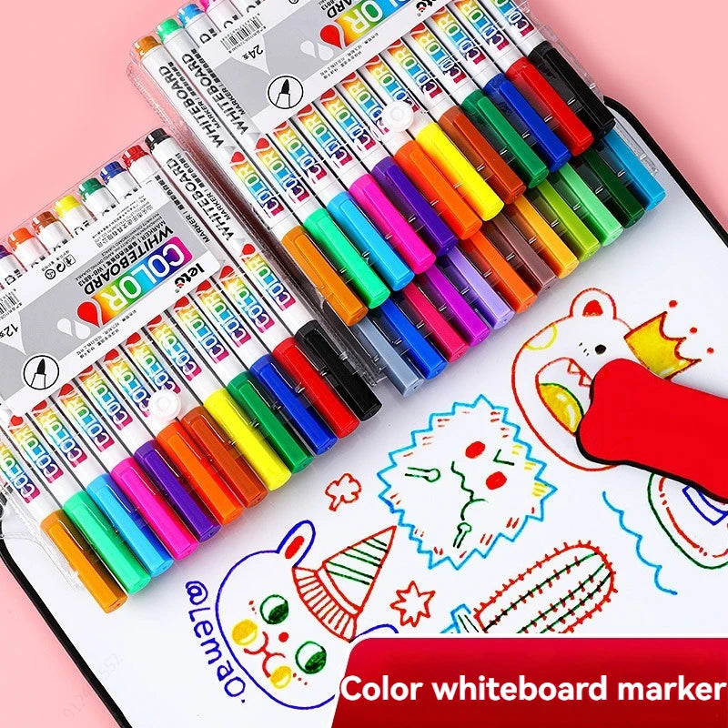 12/24Colors Dry Erase Markers Whiteboard Marker Pen Office School White Board Stationery Fine Tip Colored Pens Qme