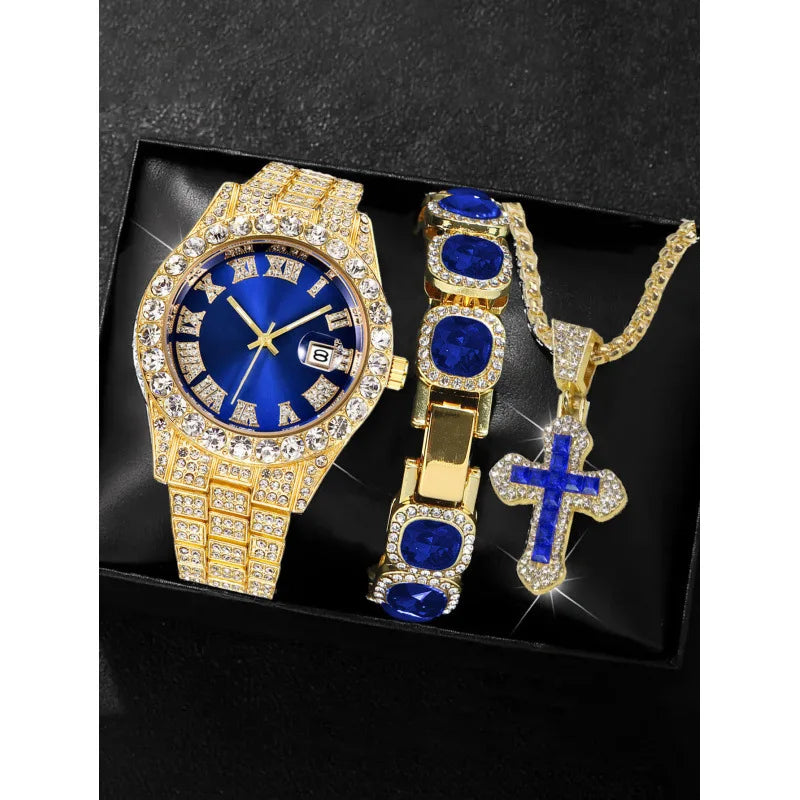 18 styles of hip-hop diamond studded quartz watches, sugar bracelets, cross necklaces, men's large dial set Qme Brown