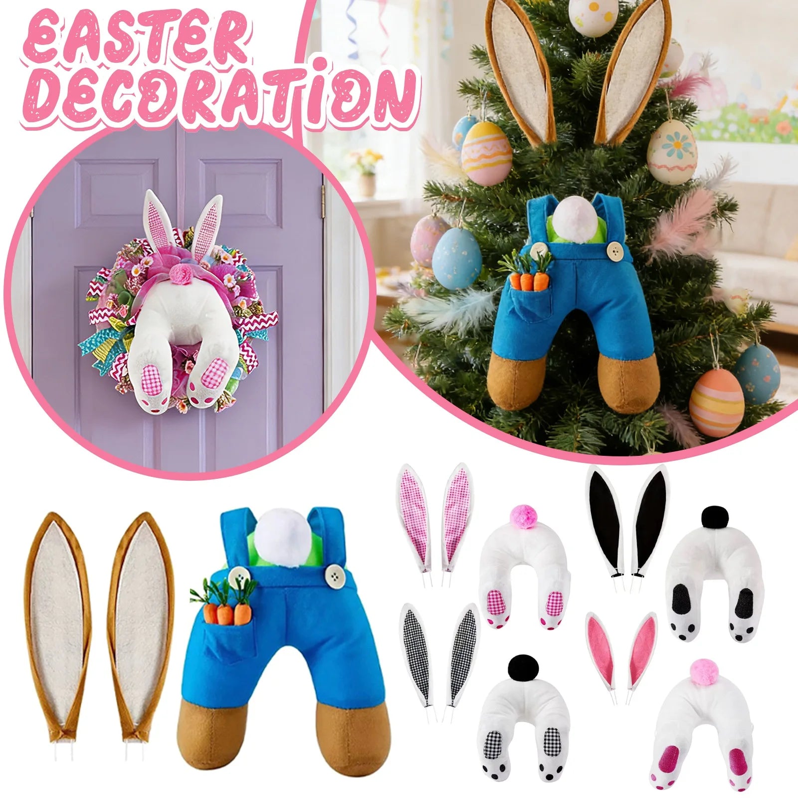 Easter Stuffed Bunny Butt Wreath Kit Cute Butt with Ears for Home Living Room Wall Door Hanging Cartoon Welcome Sign Wreath Qme