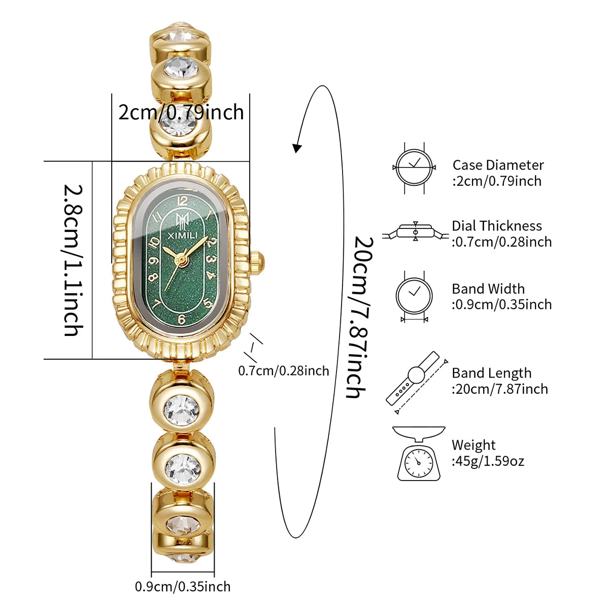 Women's Luxury Crystal Watch Gold Tone Oval Green Dial Elegant Qme