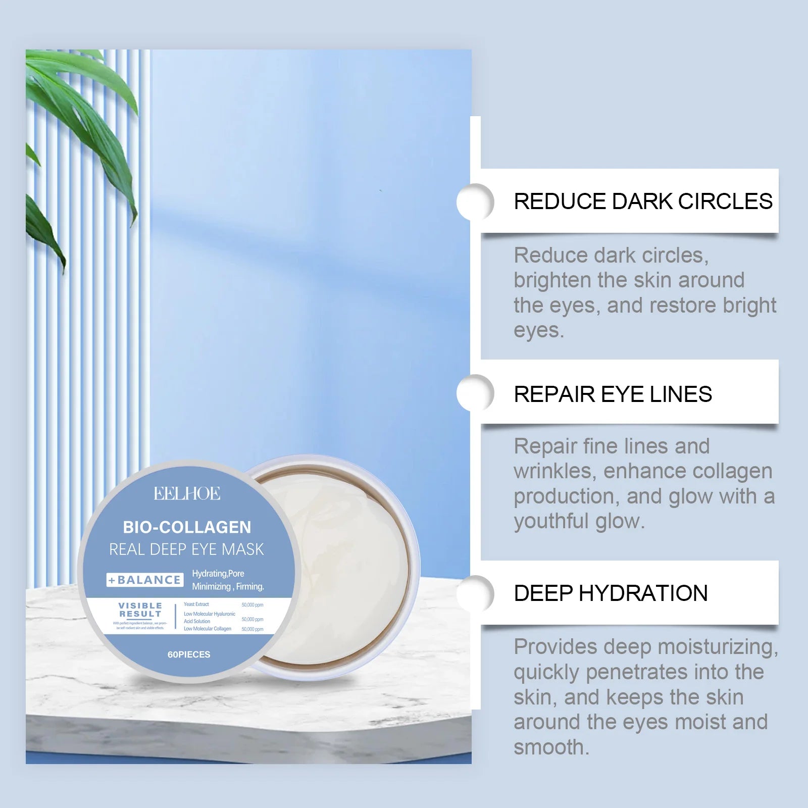 Eye Mask Hyaluronic Acid Hydrating Bio-Collagen Firming Vitamin C Brightening Under Eye Patches Anti-Puffiness Reduce Dark Circl Qme