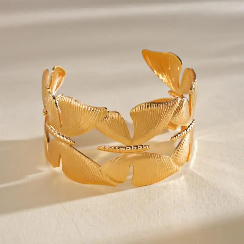Vintage Ginkgo Leaf Butterfly Open Cuff Bangle Gold Silver Wide Statement Bracelet For Women Boho Party Jewelry Qme A5
